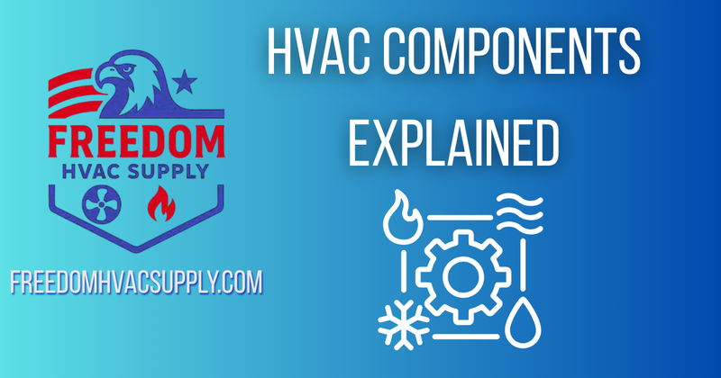 Freedom HVAC Supply graphic showing major HVAC components including compressor, evaporator, and condenser.