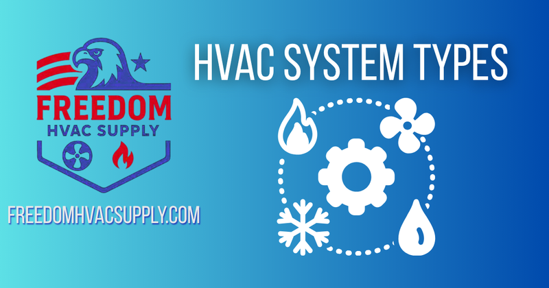 Freedom HVAC Supply graphic showing HVAC system types: central air, heat pump, and mini-split