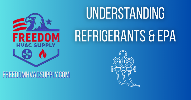 Freedom HVAC Supply graphic showing R-410A, R-32, and R-454B refrigerant comparison.