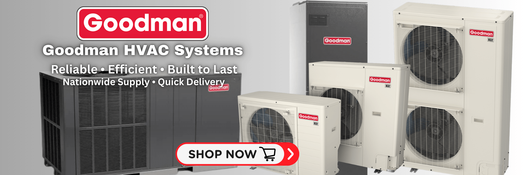 Goodman HVAC products from Freedom HVAC Supply — reliable central air conditioners, furnaces, and heat pumps with nationwide delivery and 2-year 0% financing.
