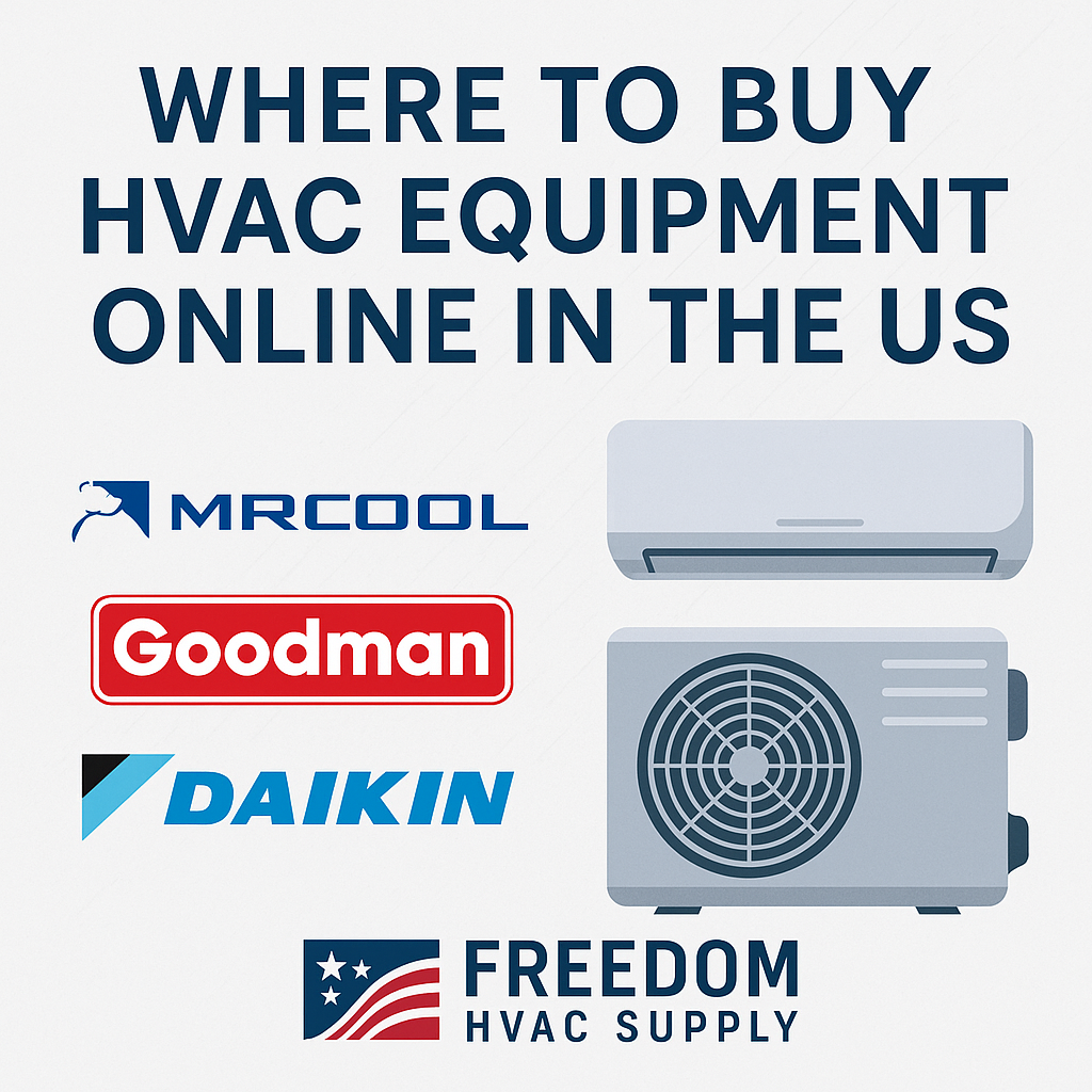 Where to buy HVAC equipment online in the USA featuring MRCOOL, Goodman, Daikin, and Freedom HVAC Supply logos with illustrated HVAC mini split system.