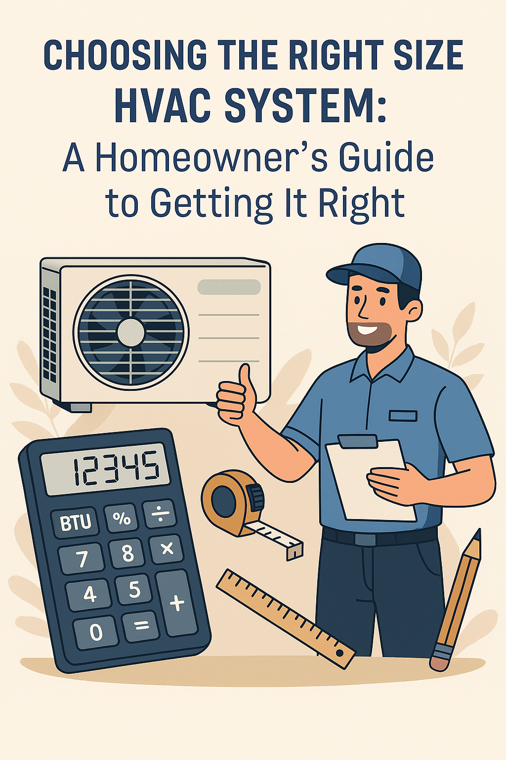 Illustration of a homeowner-friendly HVAC sizing guide featuring a technician, HVAC units, calculator, and measuring tools, titled 'Choosing the Right Size HVAC System: A Homeowner’s Guide to Getting It Right