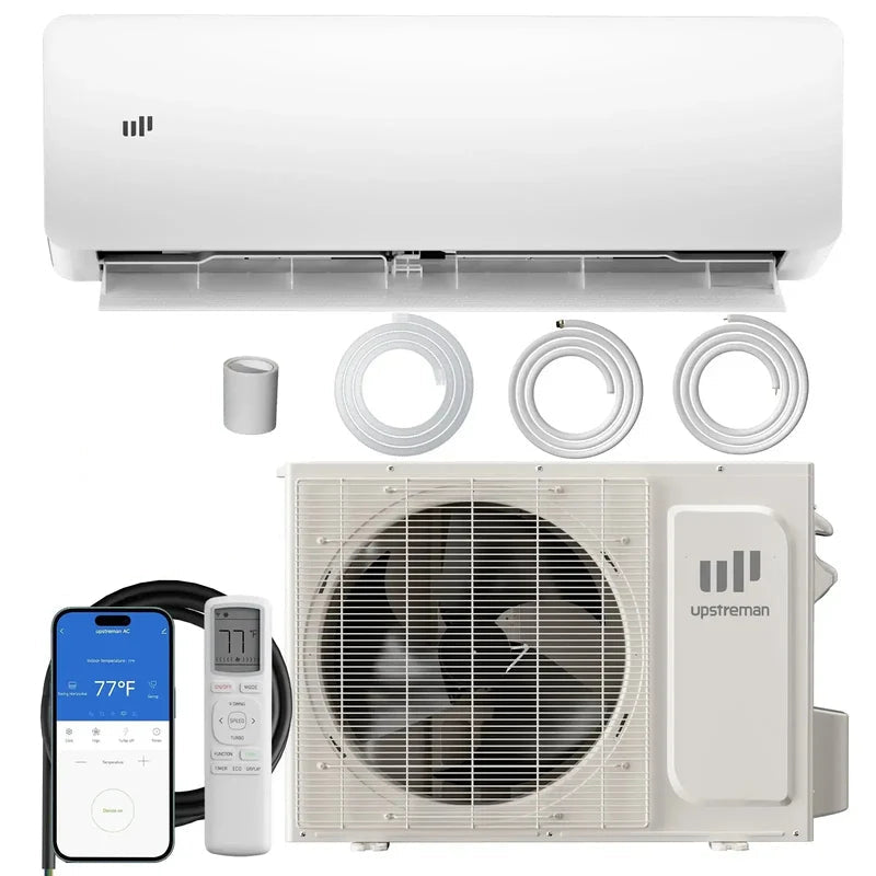 White Upstream inverter split air conditioner kit including indoor wall unit, outdoor heat pump unit, remote control, smartphone app control, mounting brackets, and wiring accessories on a white background.