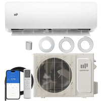 White Upstream inverter split air conditioner kit including indoor wall unit, outdoor heat pump unit, remote control, smartphone app control, mounting brackets, and wiring accessories on a white background.