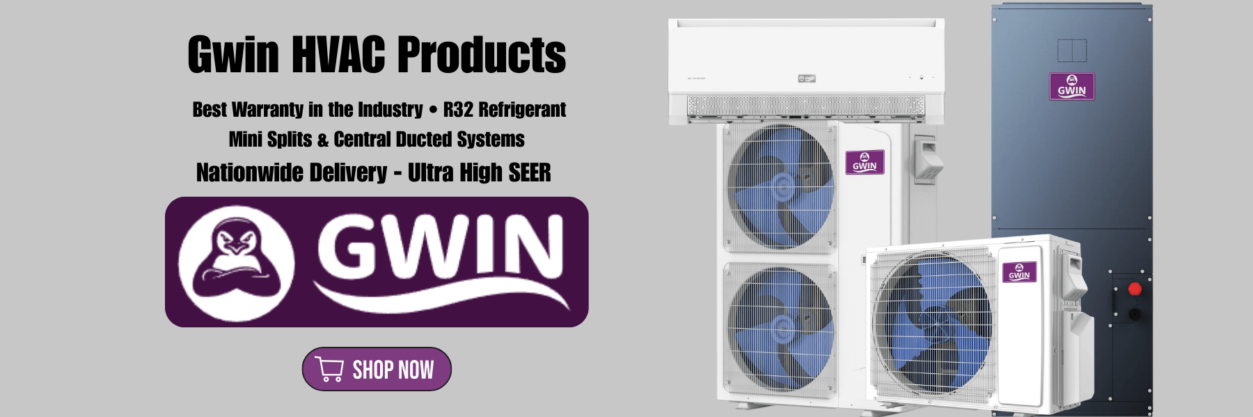 GWIN heat pump systems from Freedom HVAC Supply — high-efficiency central ducted and mini split HVAC units available for nationwide delivery