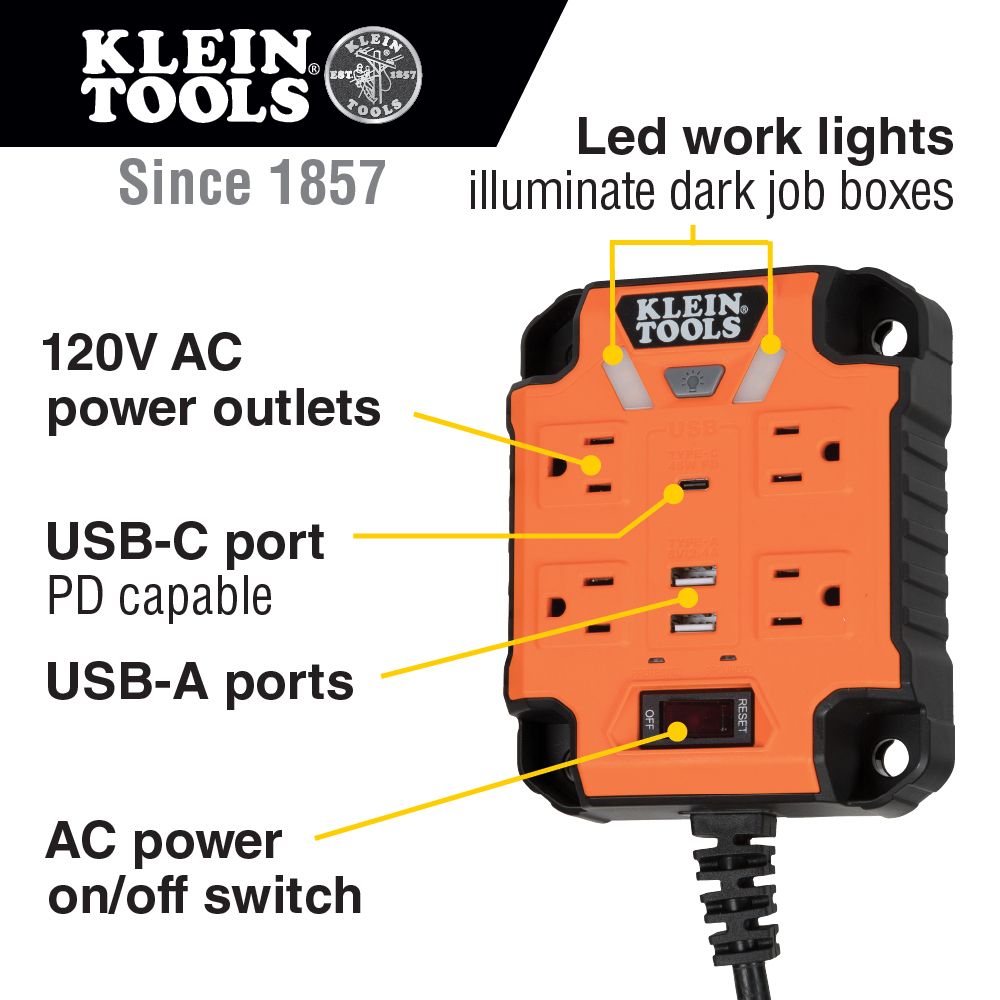Klein 29601 PowerBox 1, Magnetic Mounted Power Strip with Integrated LED Lights