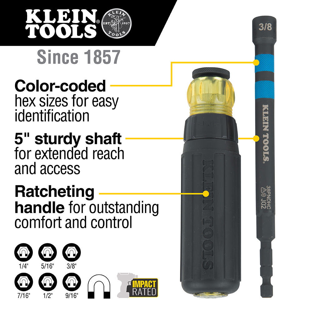 Klein 38PNDHC 3/8" Hollow Magnetic Color-Coded Power Nut Driver