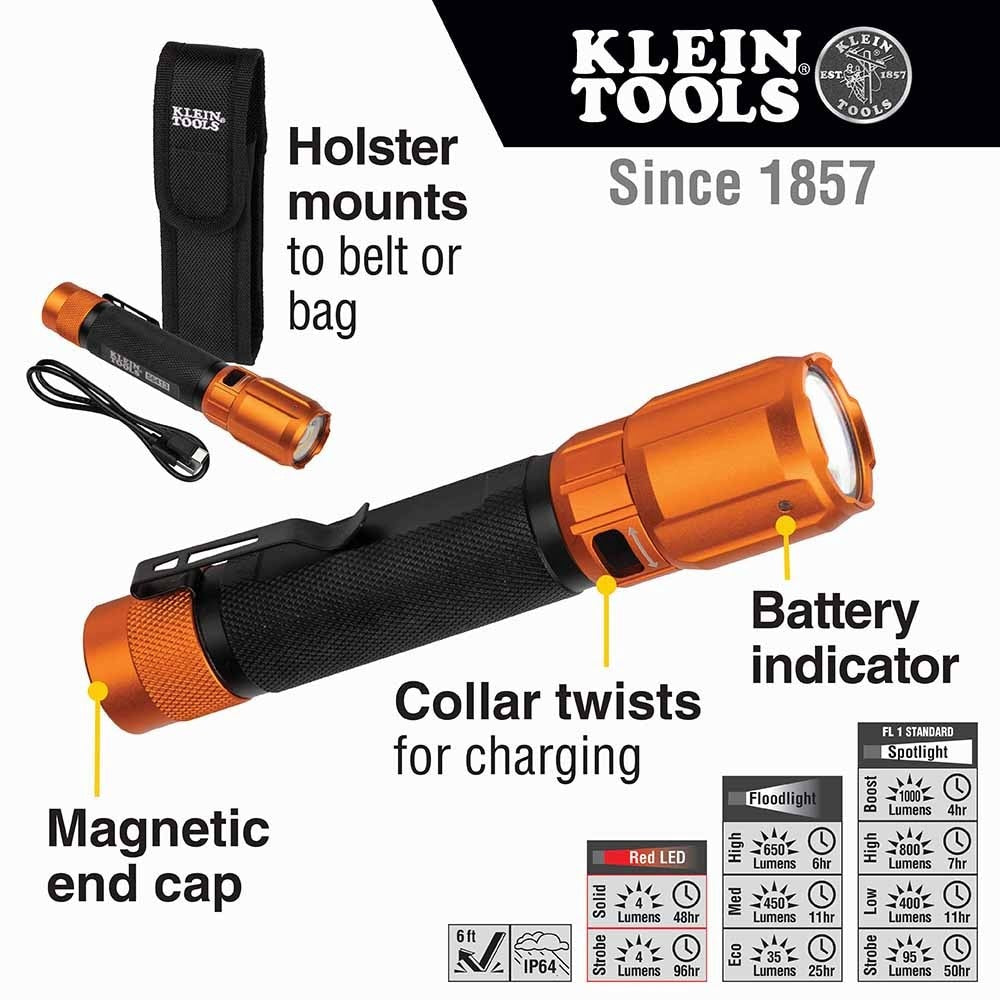 Klein 56413 Rechargeable 2-Color LED Flashlight w/ Holster