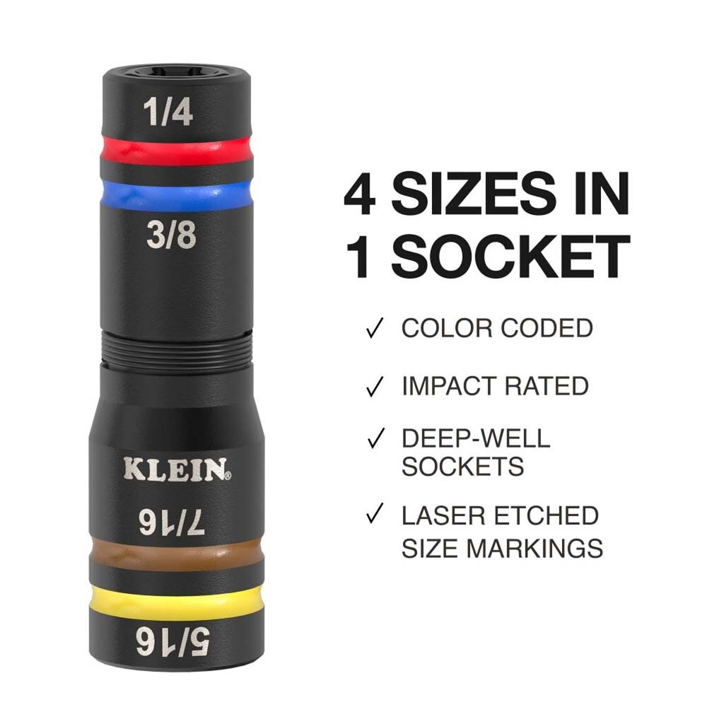 Klein 653QS KNECT Quad-12 Deep-Well Heavy-Duty Impact Flip Sockets, SAE, 6-Piece