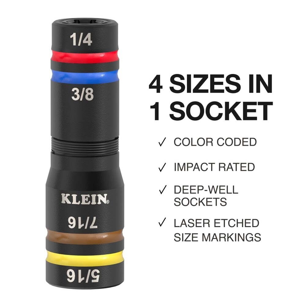 Klein 654QS KNECT Quad-16 Heavy-Duty Impact Flip Sockets, SAE and Metric, 6-Piece
