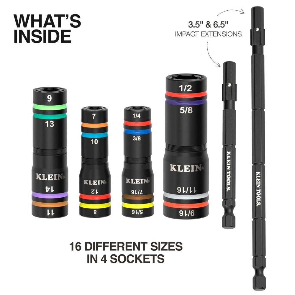 Klein 654QS KNECT Quad-16 Heavy-Duty Impact Flip Sockets, SAE and Metric, 6-Piece