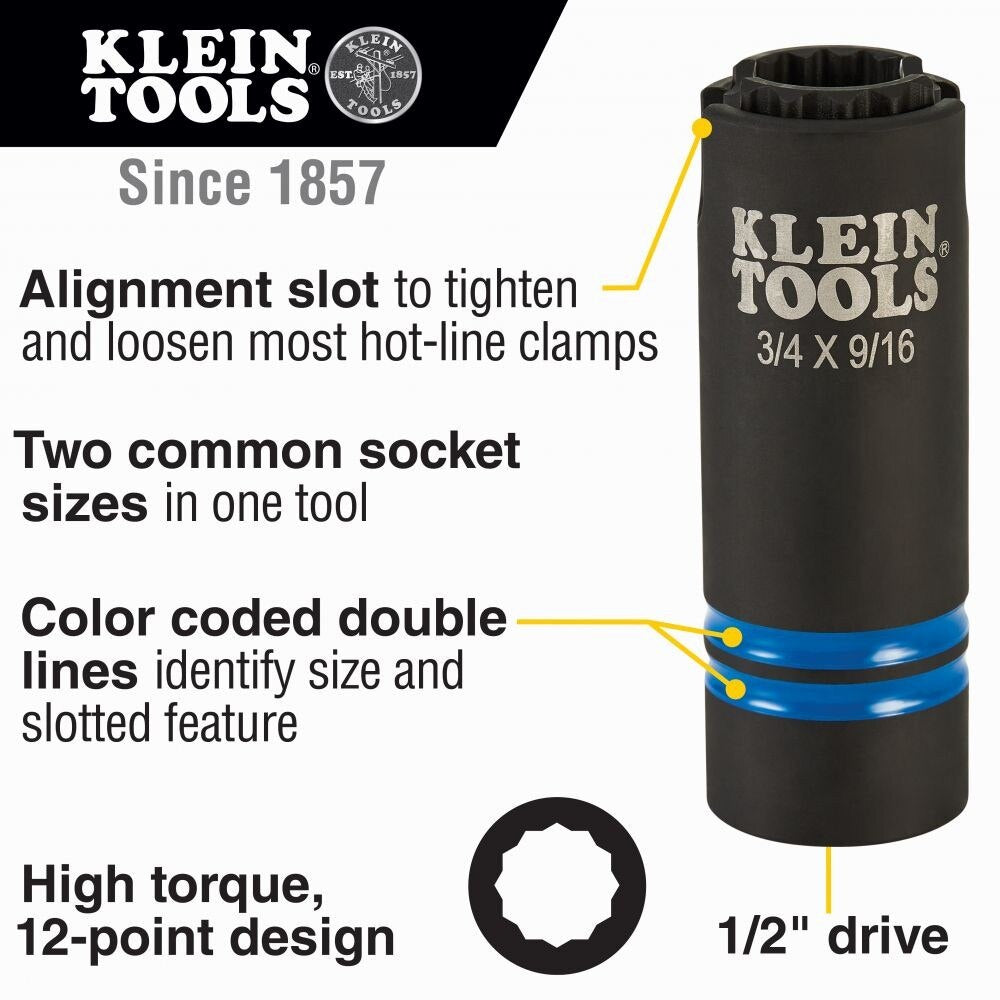 Klein 66031 3-in-1 Slotted Impact Socket, 12-Point, 3/4" and 9/16"