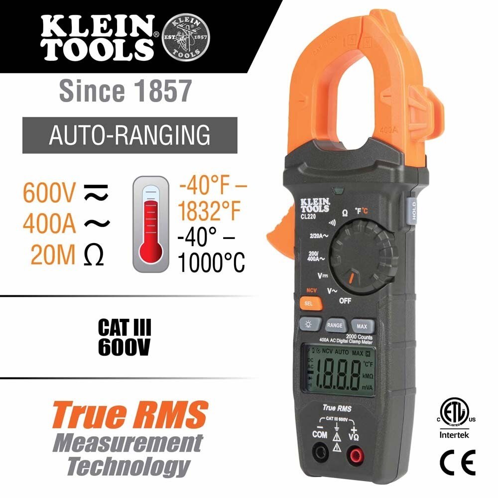 Klein CL220 Digital Clamp Meter, AC Auto-Ranging 400 Amp with Temp
