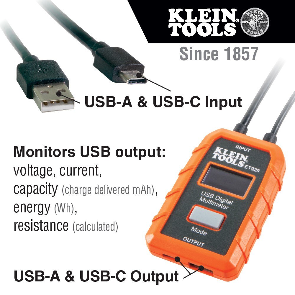 Klein ET920 USB Digital Meter, USB-A  and USB-C
