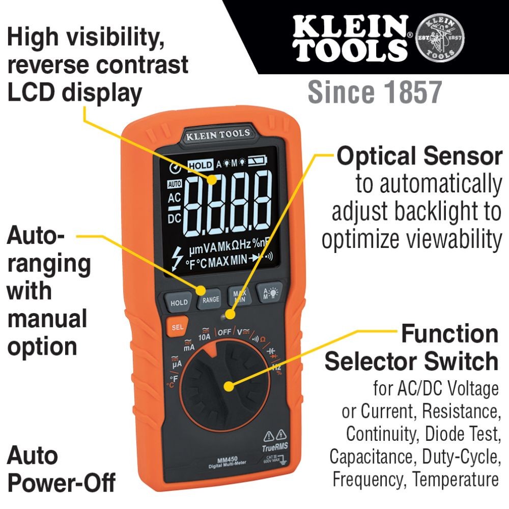 Klein MM450 Slim Digital Multimeter, TRMS Auto-Ranging, 600V, Temp