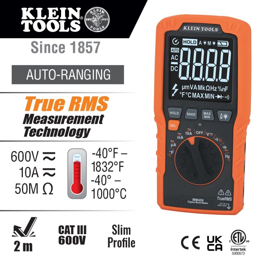 Klein MM450 Slim Digital Multimeter, TRMS Auto-Ranging, 600V, Temp