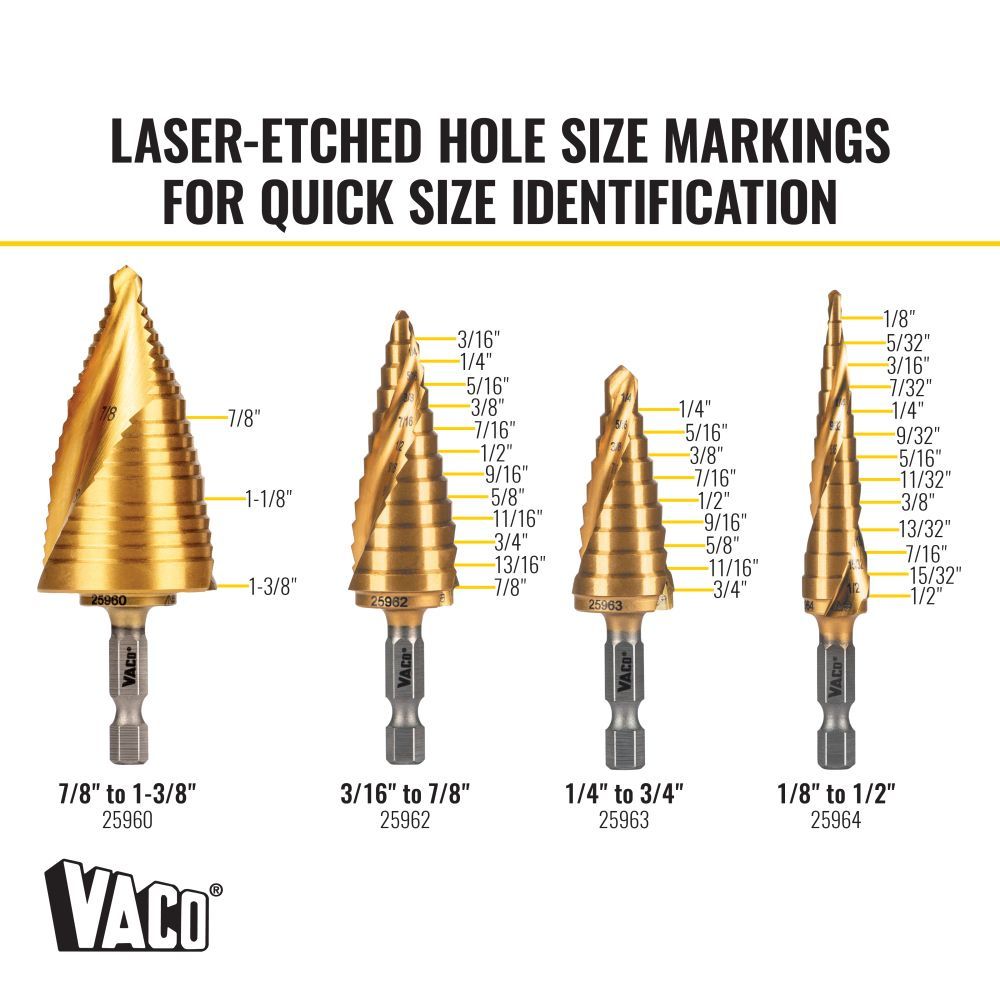 Klein 25950 Step Bit Kit, Spiral Double-Fluted, VACO, 4-Piece