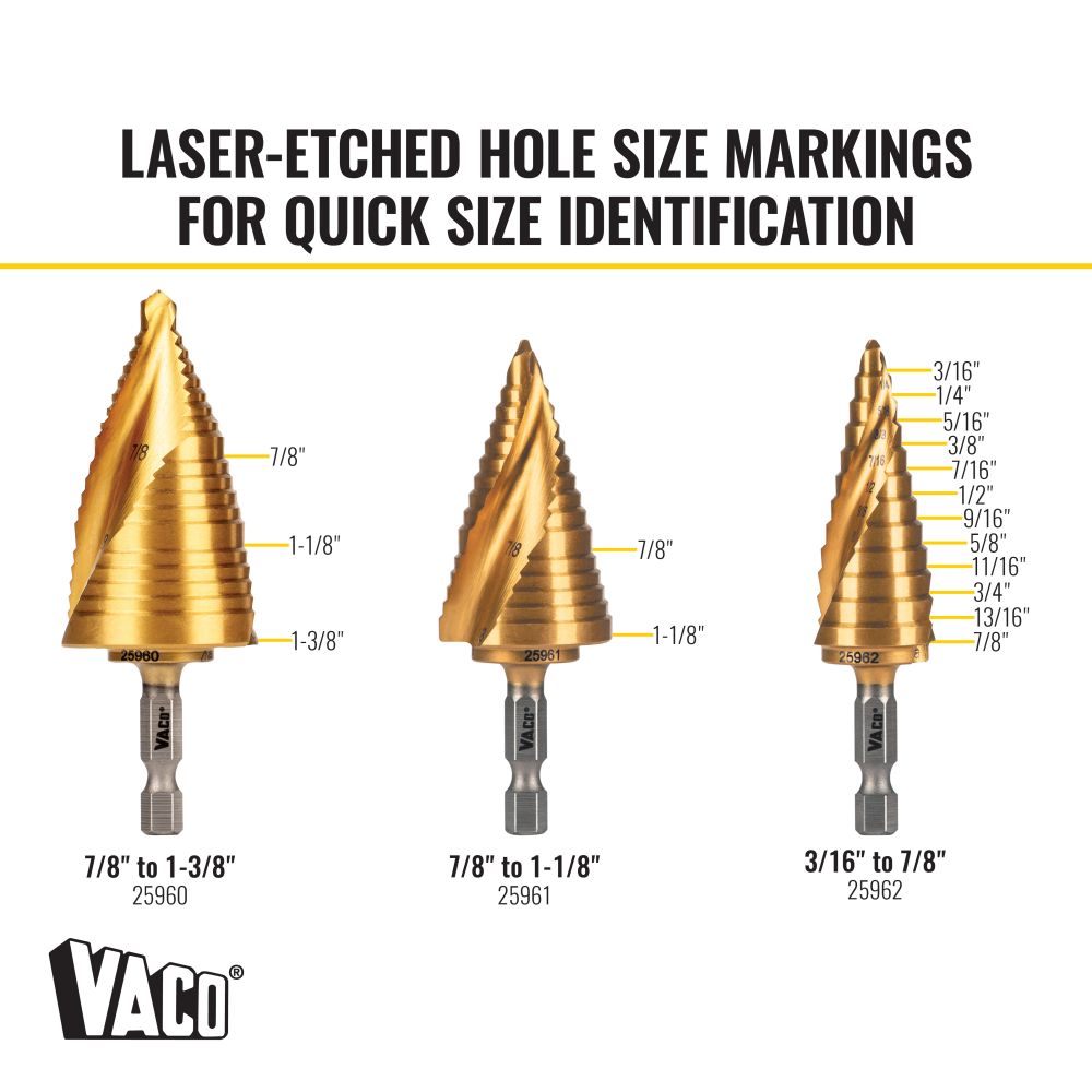 Klein 25951 Step Bit Kit, Spiral Double-Fluted, VACO, 3-Piece