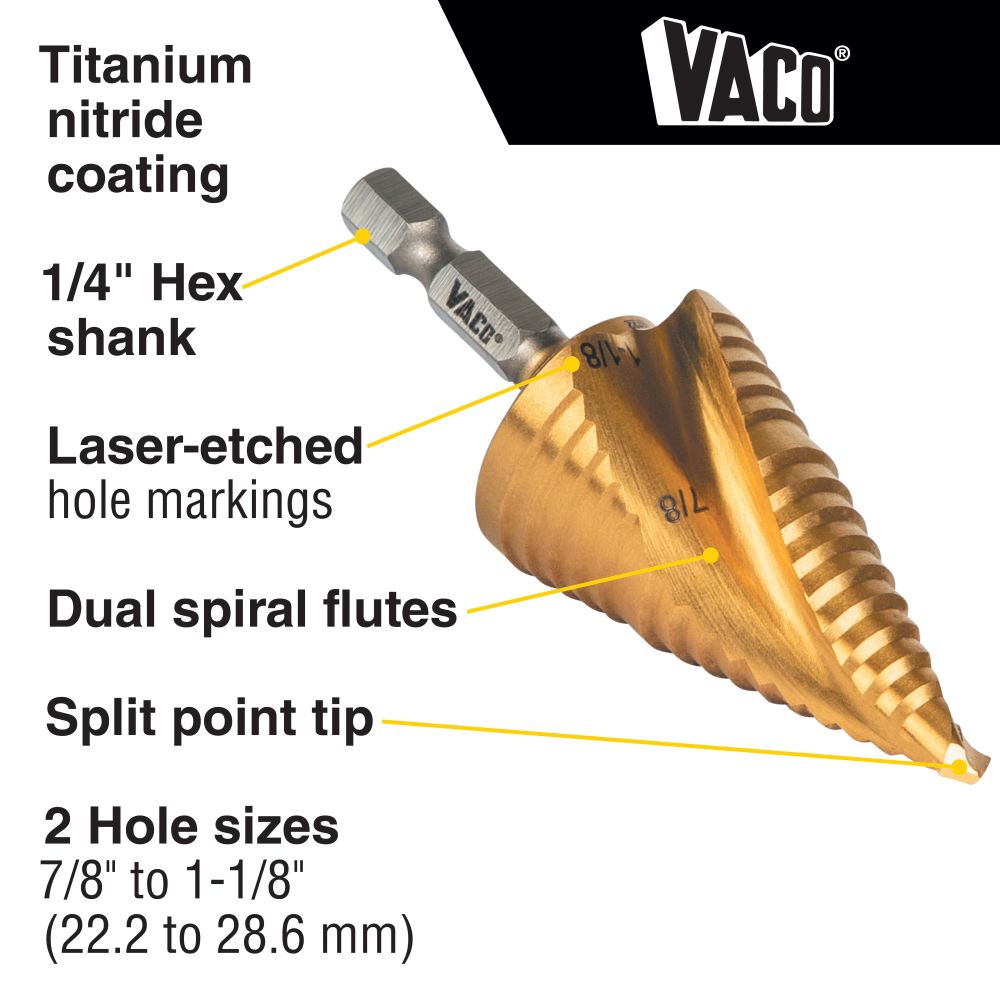 Klein 25961 Step Drill Bit, Spiral Double-Fluted, 7/8" to 1-1/8", VACO
