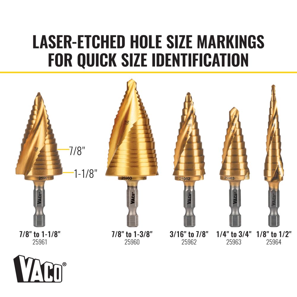 Klein 25961 Step Drill Bit, Spiral Double-Fluted, 7/8" to 1-1/8", VACO