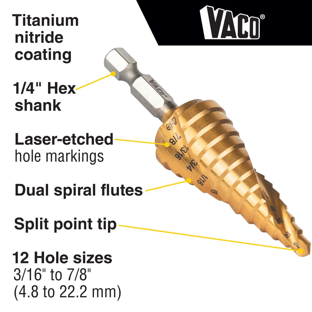 Klein 25962 Step Drill Bit, Spiral Double-Fluted, 3/16" to 7/8", VACO