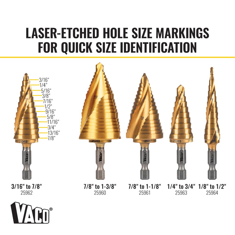 Klein 25962 Step Drill Bit, Spiral Double-Fluted, 3/16" to 7/8", VACO