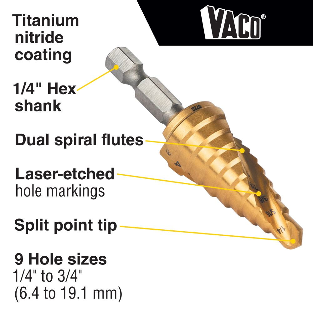 Klein 25963 Step Drill Bit, Spiral Double-Fluted, 1/4" to 3/4", VACO