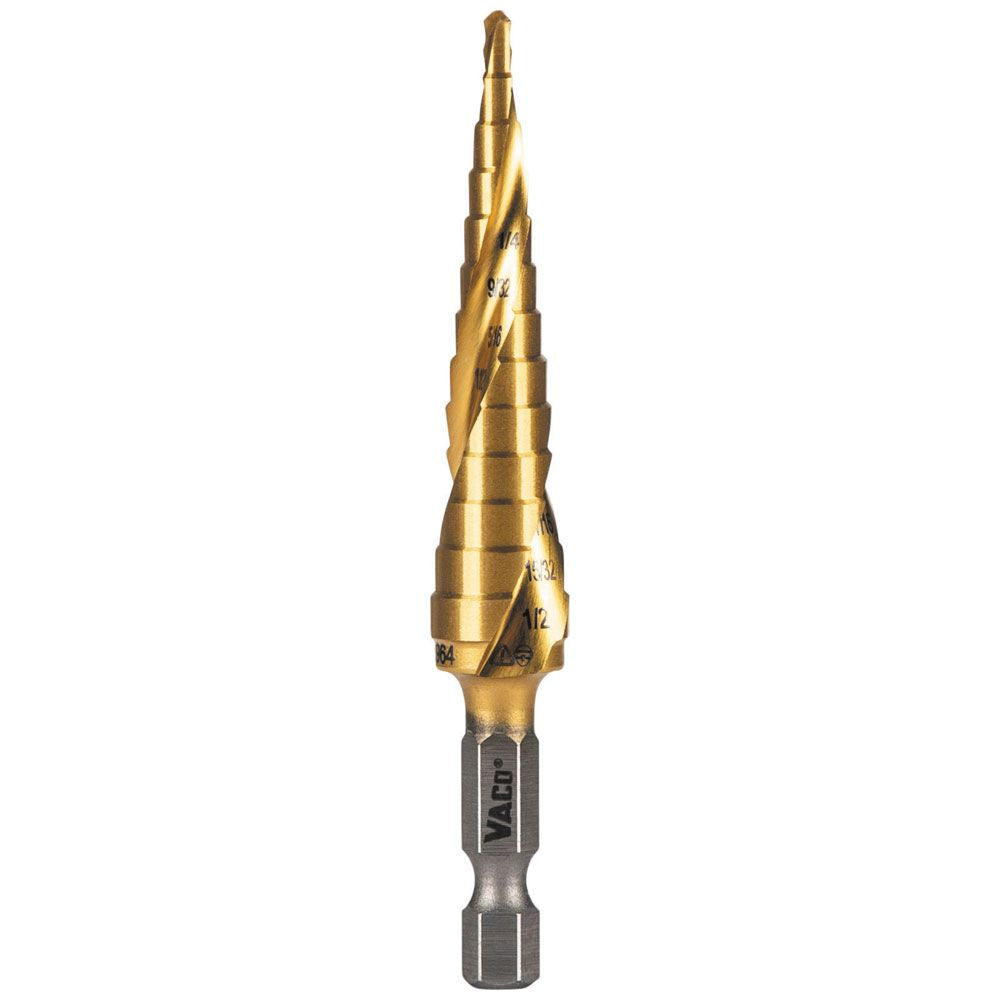 Klein 25964 Step Drill Bit, Spiral Double-Fluted, 1/8" to 1/2", VACO