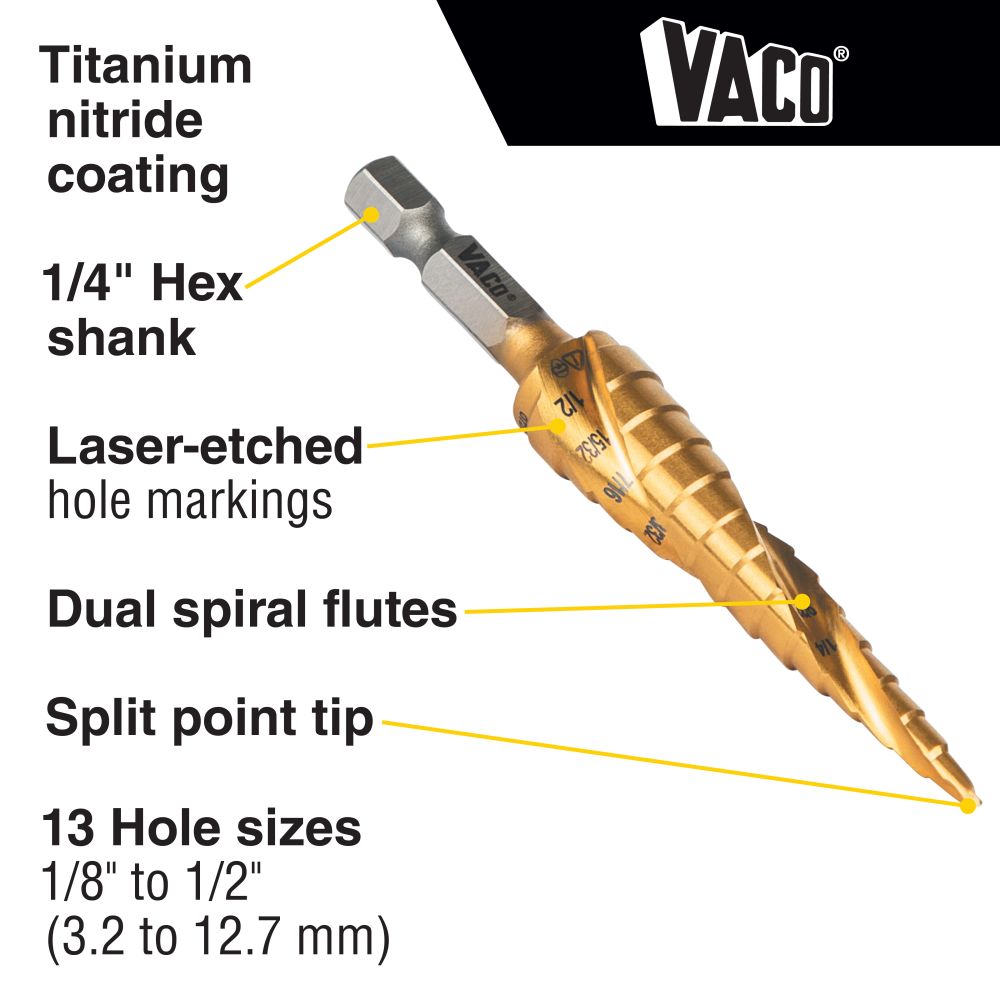 Klein 25964 Step Drill Bit, Spiral Double-Fluted, 1/8" to 1/2", VACO