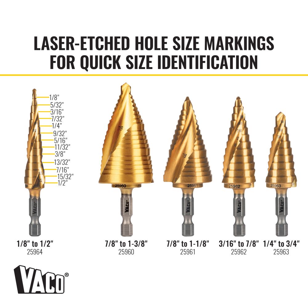Klein 25964 Step Drill Bit, Spiral Double-Fluted, 1/8" to 1/2", VACO