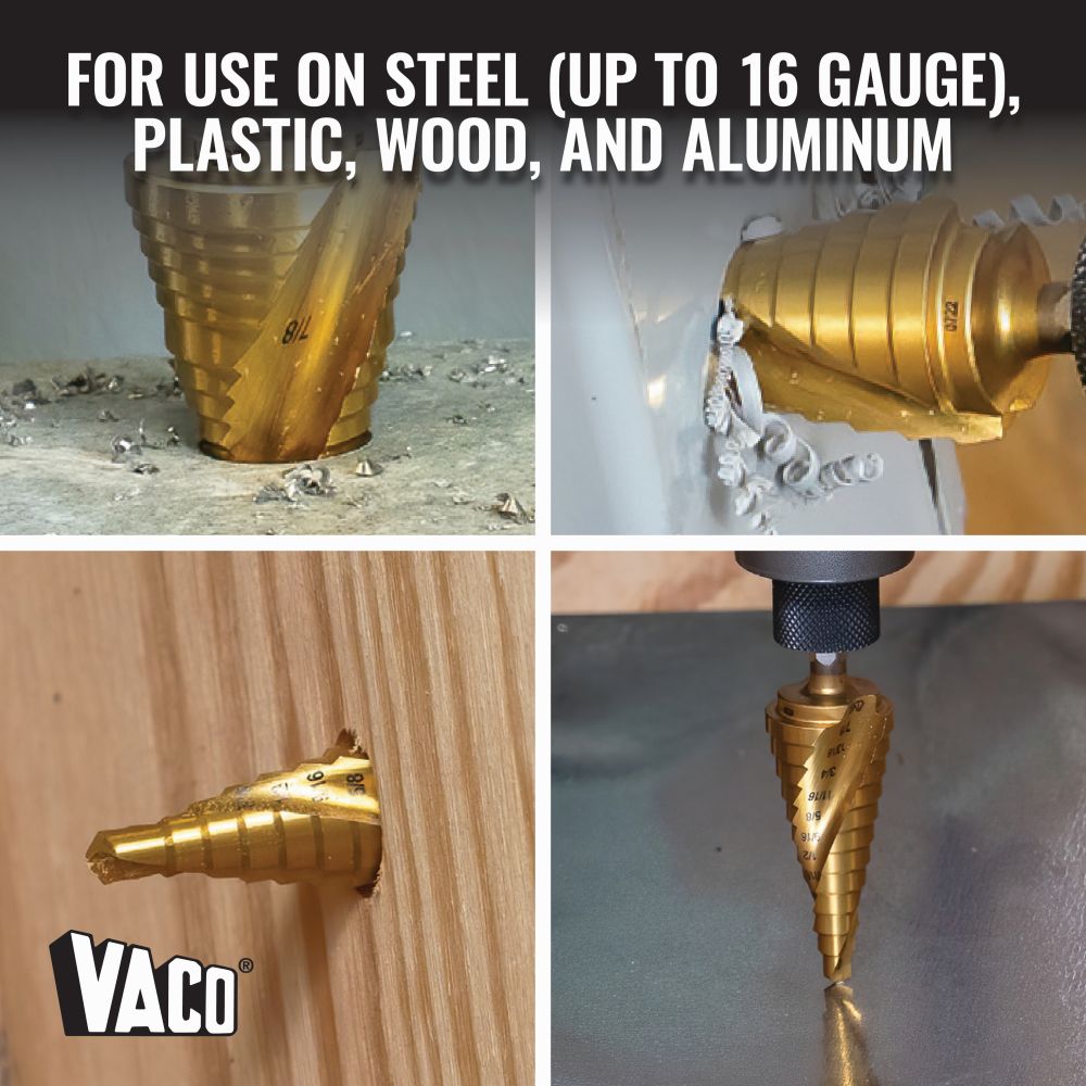 Klein 25964 Step Drill Bit, Spiral Double-Fluted, 1/8" to 1/2", VACO