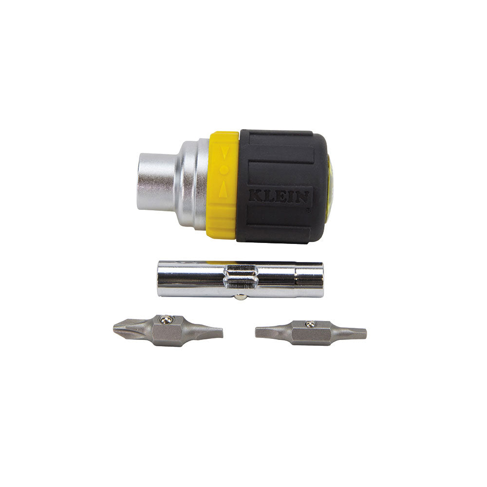 Klein Tools 32594 Multi-Bit Ratcheting Screwdriver, 6-in-1, Stubby, Ph, Sl, Sq, Nut Bits