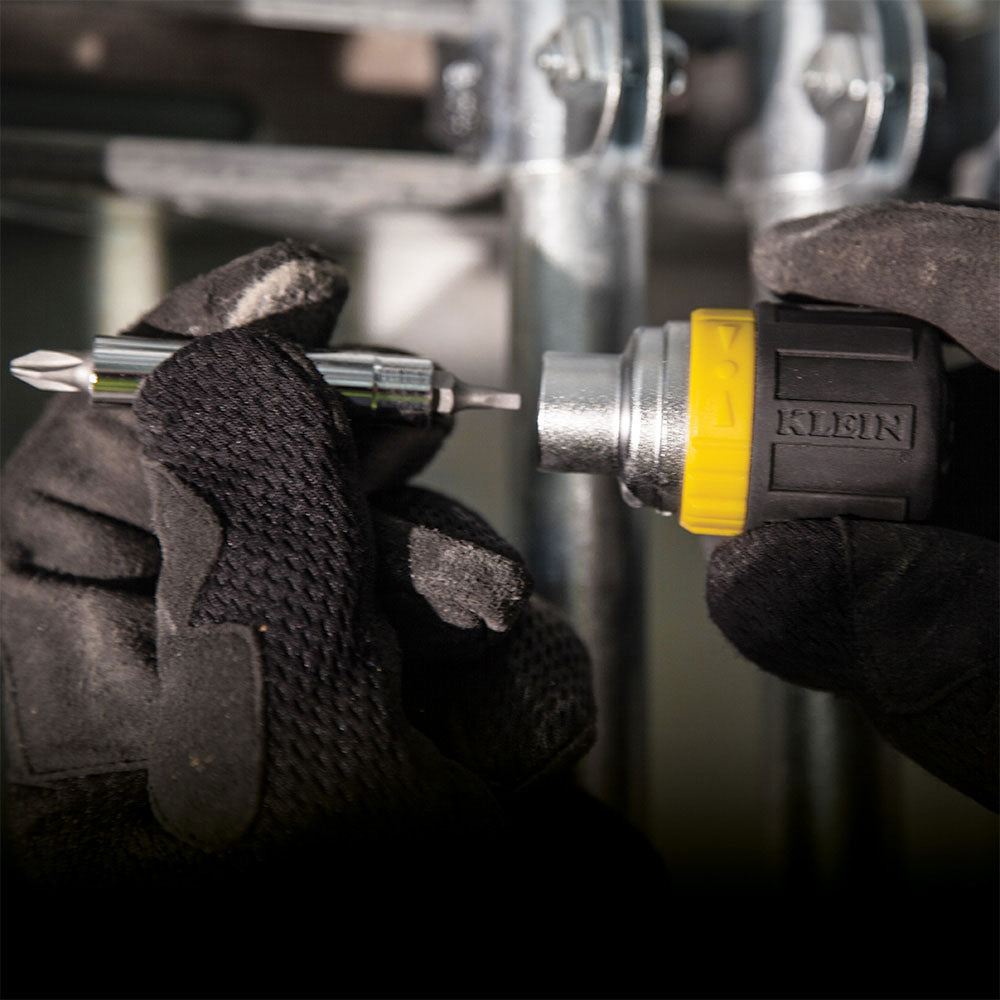 Klein Tools 32594 Multi-Bit Ratcheting Screwdriver, 6-in-1, Stubby, Ph, Sl, Sq, Nut Bits