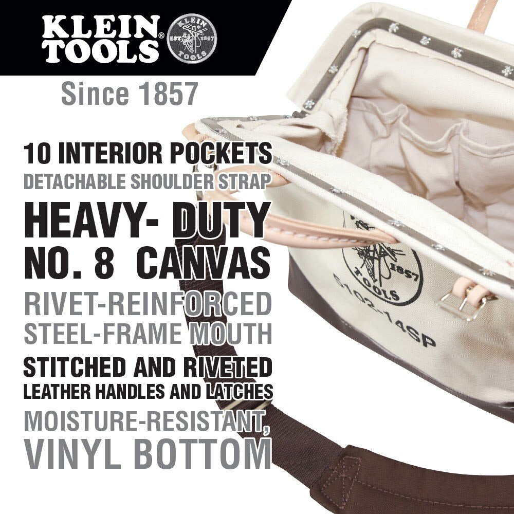 Klein 510214SP Deluxe Tool Bag, Canvas, 10 Pockets, 14&quot;