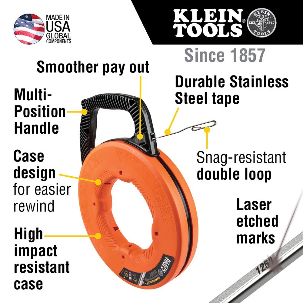 Klein 56351 Fiberglass Fish Tape with Spiral Steel Leader, 100-Foot