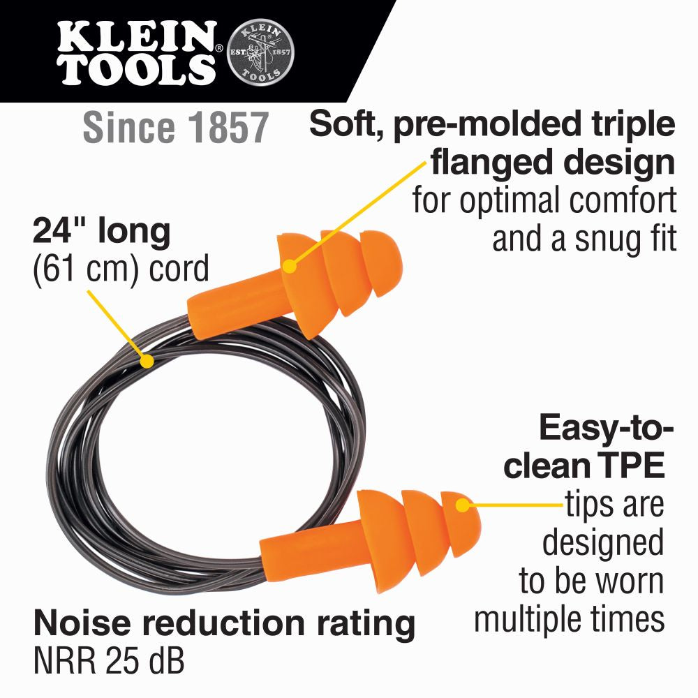 Klein 6050350 Corded Earplugs, 50-Pair Dispenser Pack