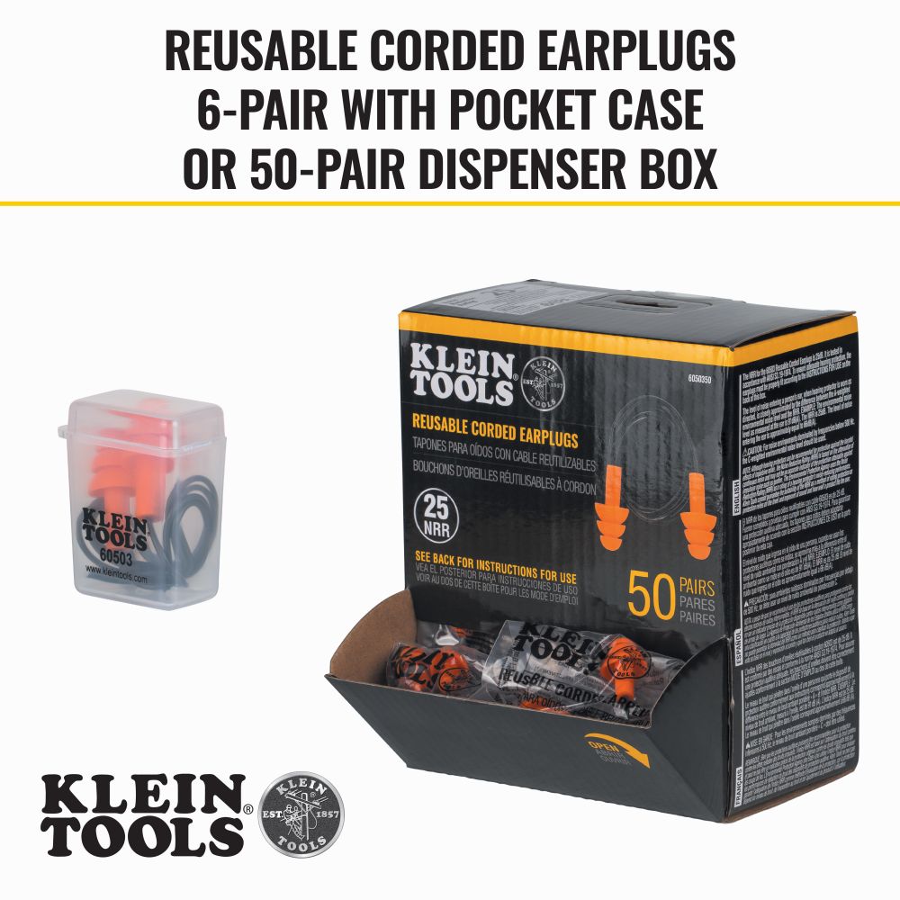Klein 6050350 Corded Earplugs, 50-Pair Dispenser Pack