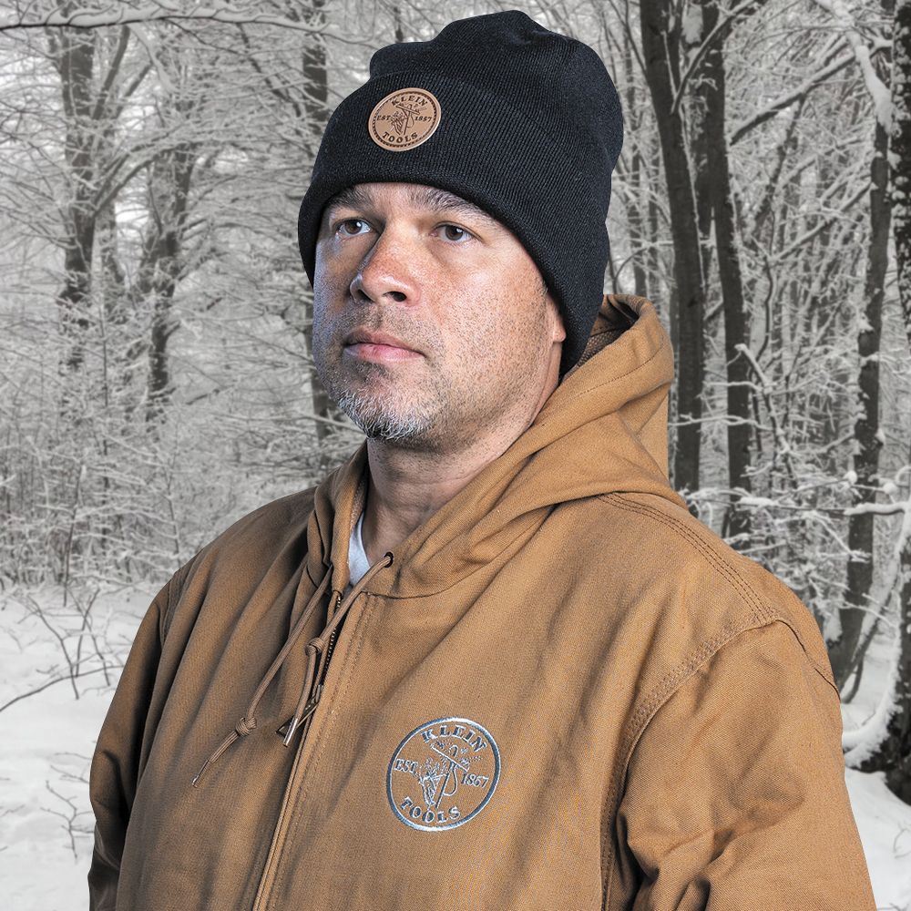 Klein 60569 Heavy Knit Hat, Black, Leather Logo