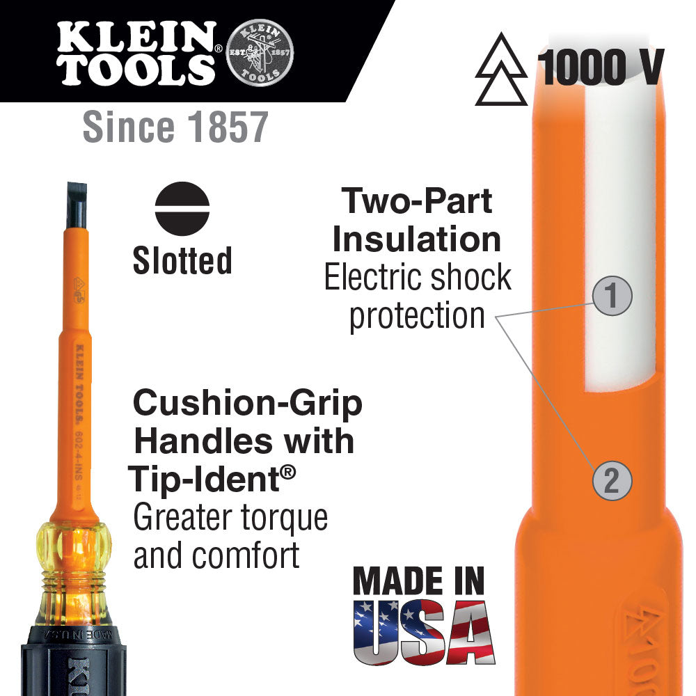 Klein Tools 607-3-INS Insulated Screwdriver, 3/32" Cabinet, 3"