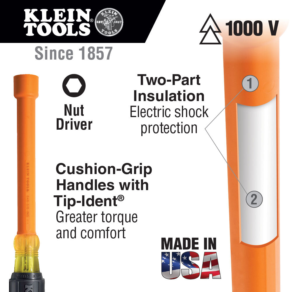 Klein Tools 646-5/8-INS 5/8" Insulated Nut Driver, 6" Hollow Shaft