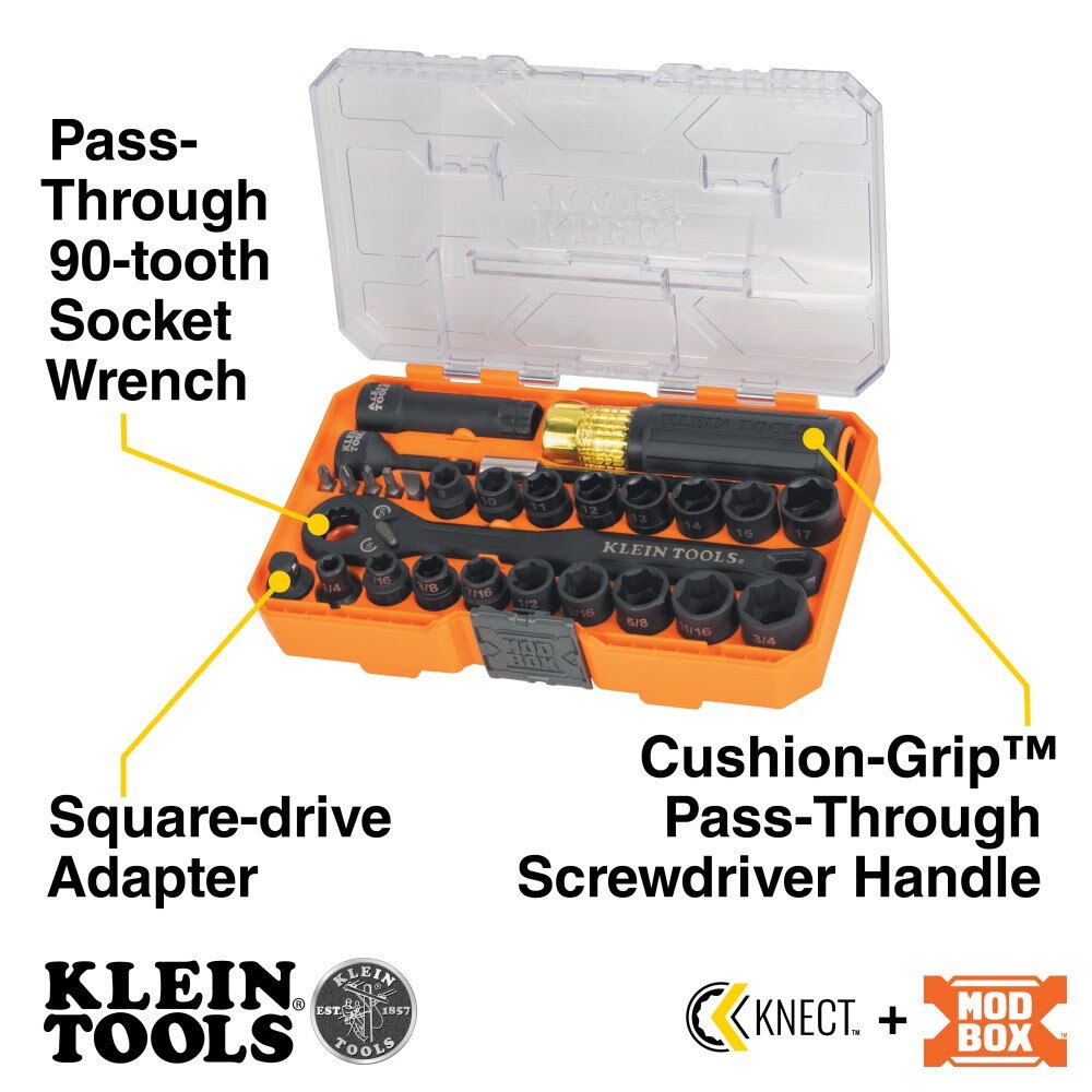 Klein 65400KNECT KNECT Essential Pass Through Impact Socket Set, SAE, Metric, 28-Piece