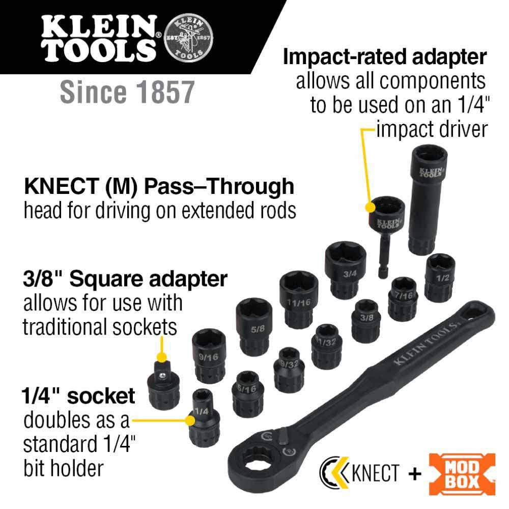 Klein Tools 65400 KNECT 8-1/2&quot; Drive Impact-Rated Pass Through Socket Set, 15-Piece