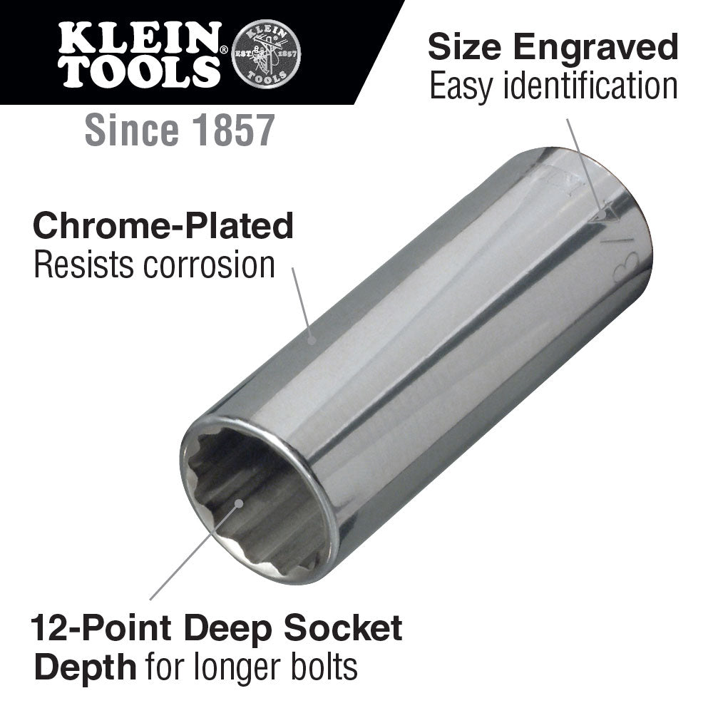 Klein Tools 65828 11/16" Deep 12-Point Socket, 1/2" Drive