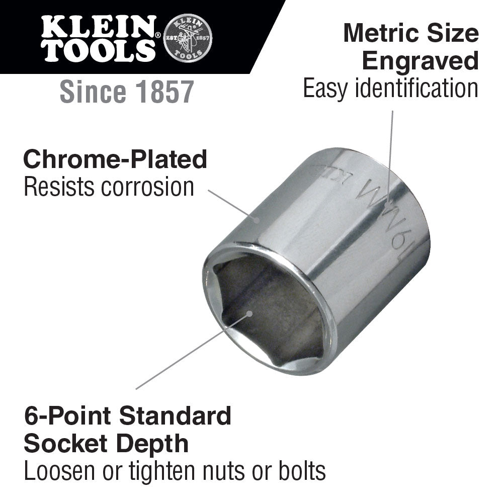 Klein Tools 65916 16 mm Metric 6-Point Socket, 3/8" Drive