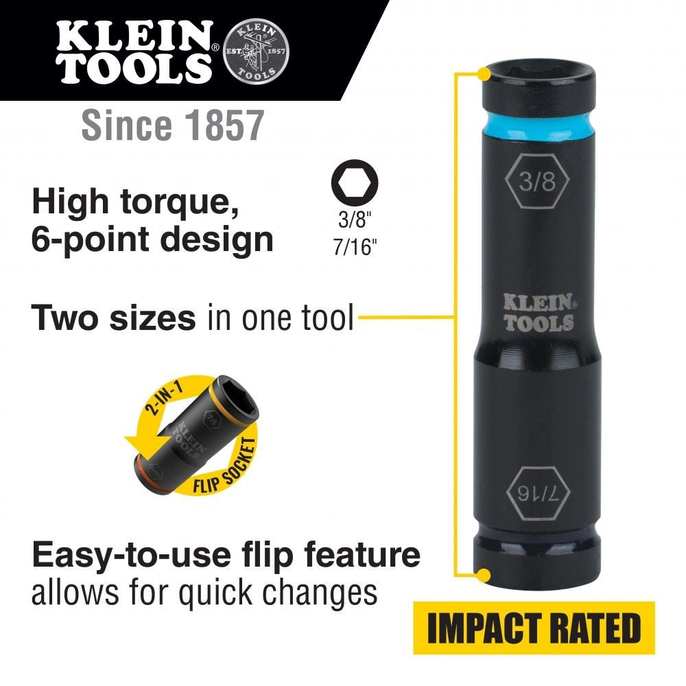 Klein 66077 Flip Impact Socket, 7/16" x 3/8"