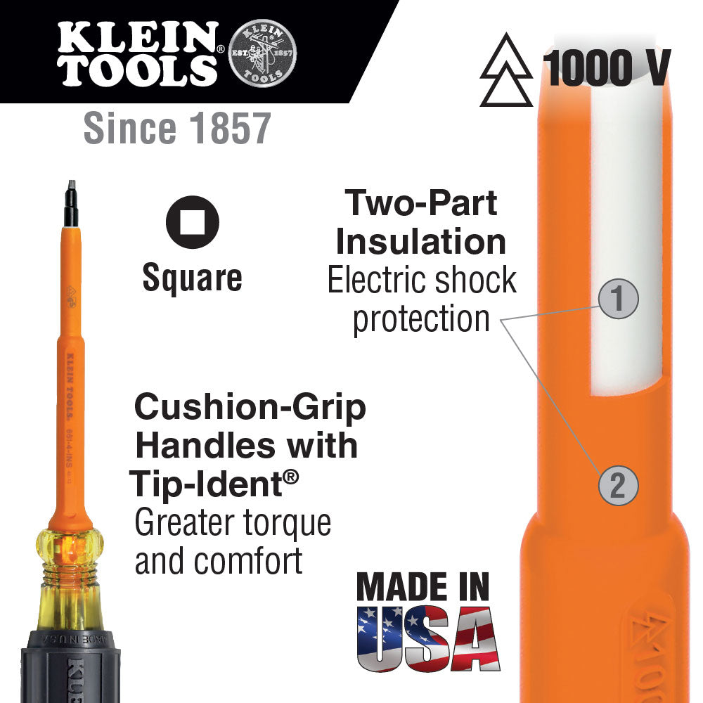 Klein Tools 661-7-INS Insulated Screwdriver, #1 Square with 7" Shank