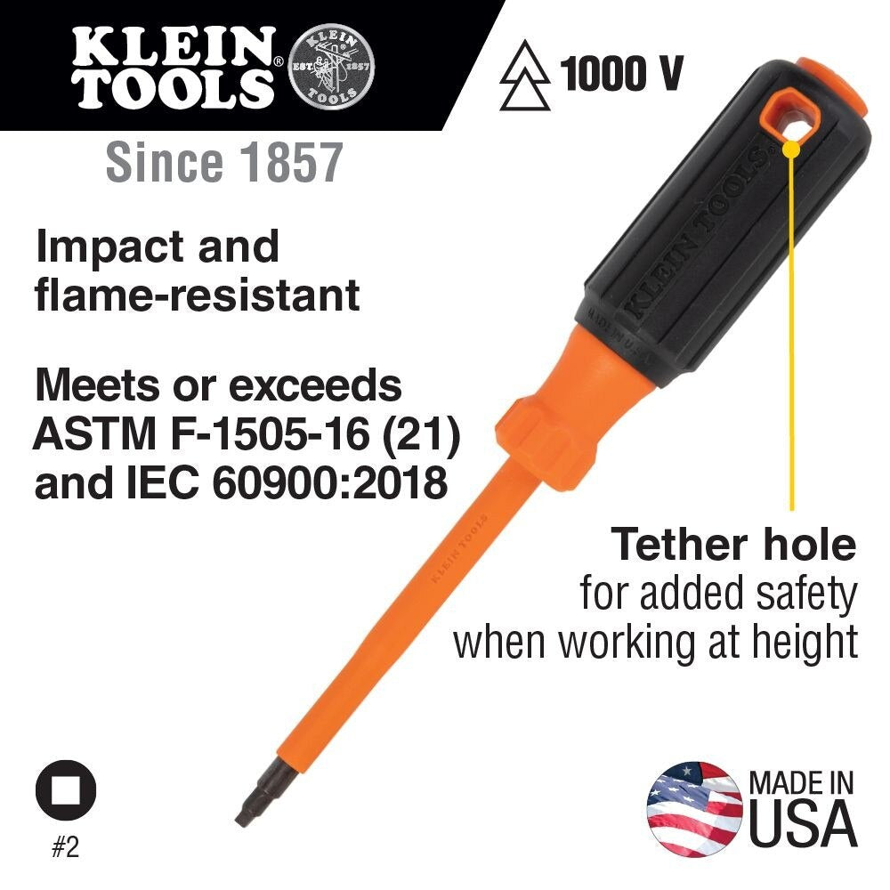 Klein 6844INS Insulated Screwdriver, #2 Square Tip, 4" Round Shank