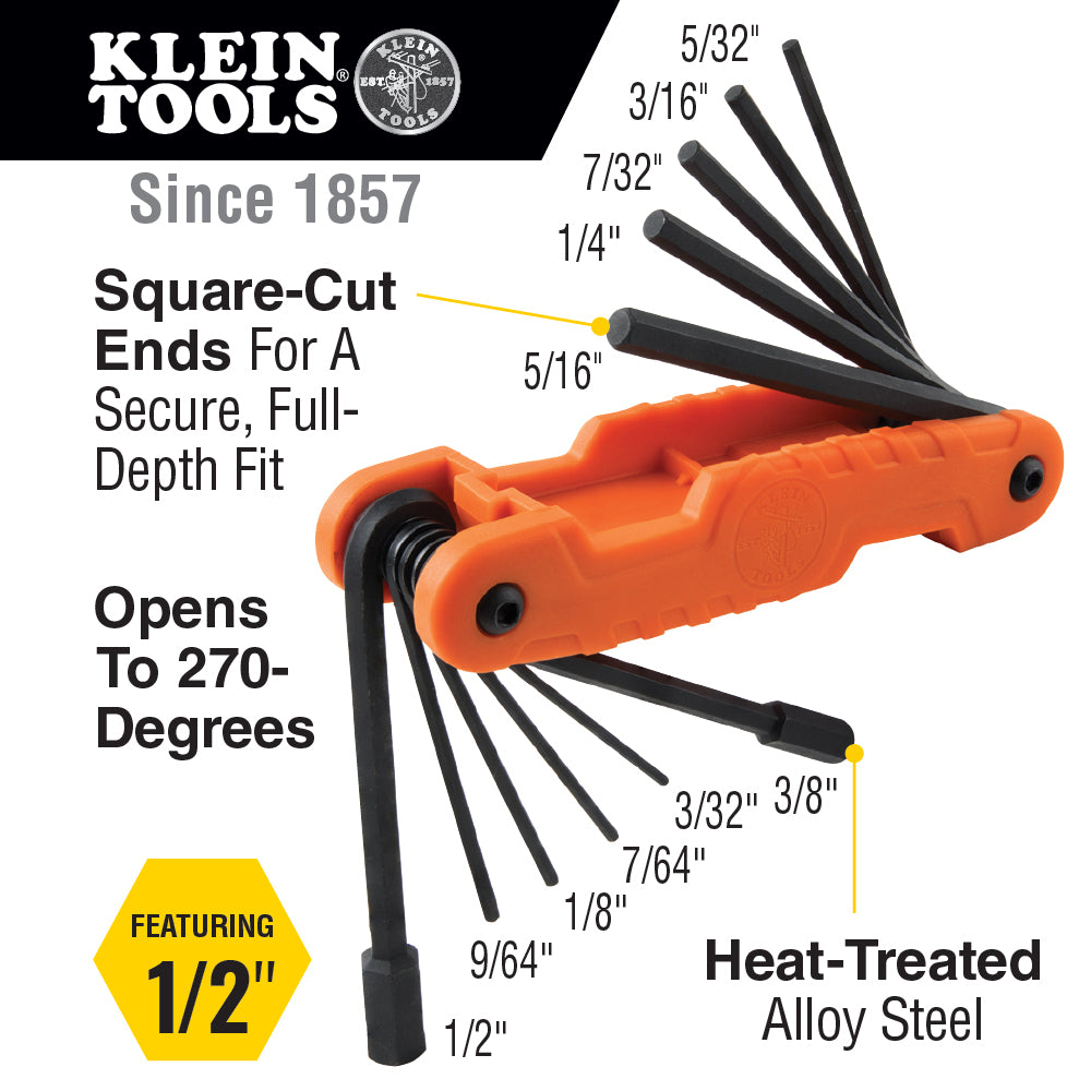Klein 70550 Pro Folding Hex Key Set, 11 Fractional Inch-Sized Keys