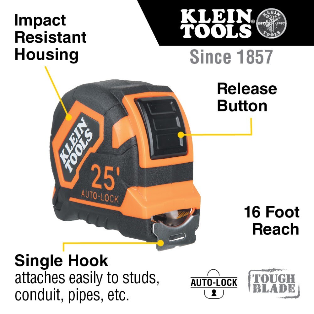 Klein 9125AL Tape Measure, 25' Single-Hook Auto-Lock