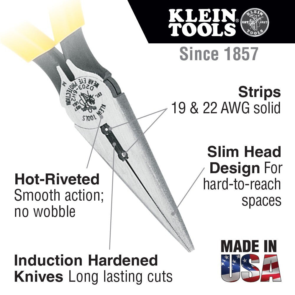 Klein Tools D203-6H2 Pliers, Long Nose Side-Cutters, Stripping, 6&quot;